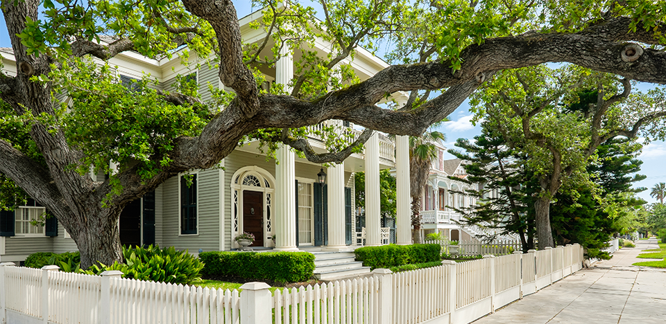 The historic home shown is the Charles and Susan Hurley House located at 1328 Ball Street in the East End Historic District of Galveston, Texas